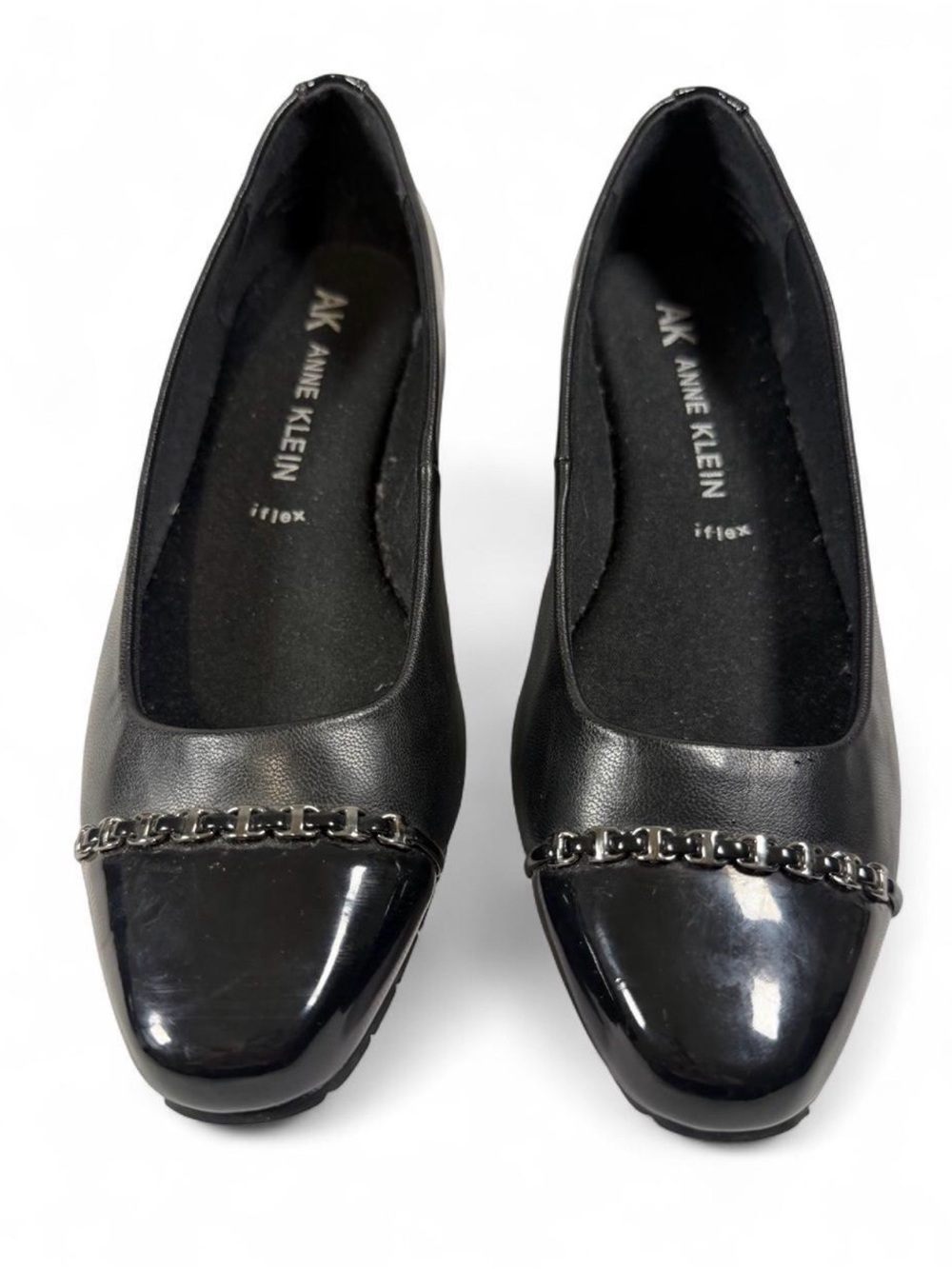Anne Klein Black wedge with Patent Toe and Chain Trim